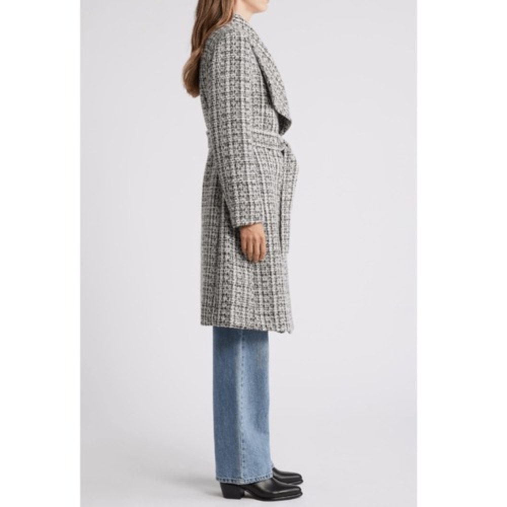 Sam Edelman Tweed Drape Lapel Wrap Coat, Natural Tweed, Black Gray Size 8, NWT - Picture 4 of 15